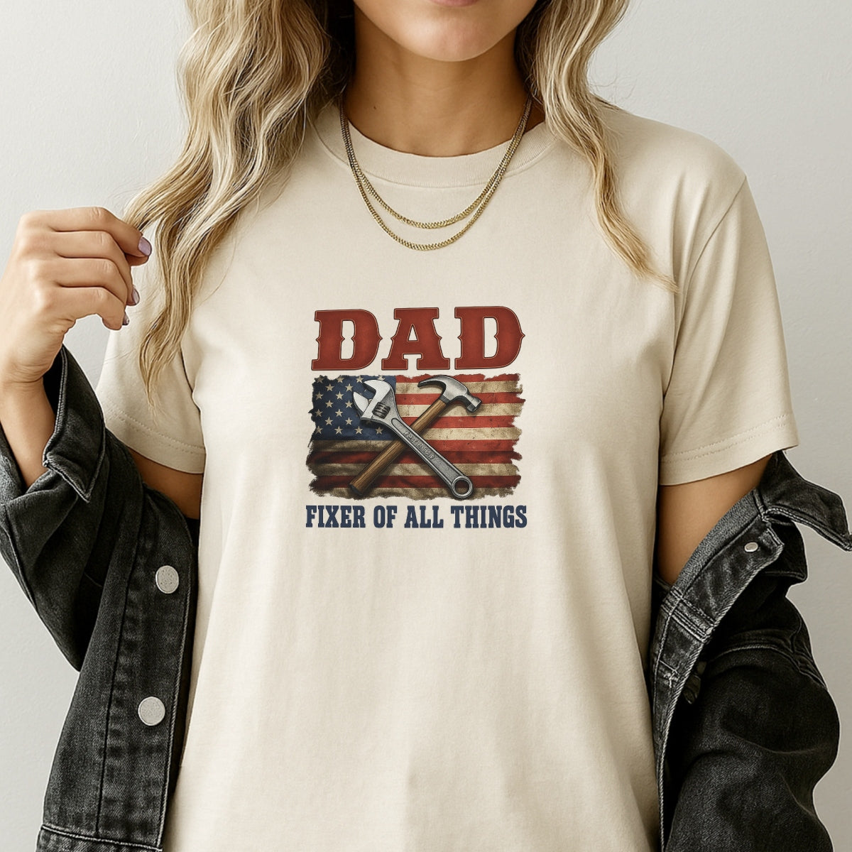 DTF Heat Transfer Iron On Sticker , American Flag Hammer & Wrench Decal , Vintage "DAD" with "FIXER OF ALL THINGS" Slogan , Patriotic Father's Day Gift Sticker for T-Shirts, Hoodies