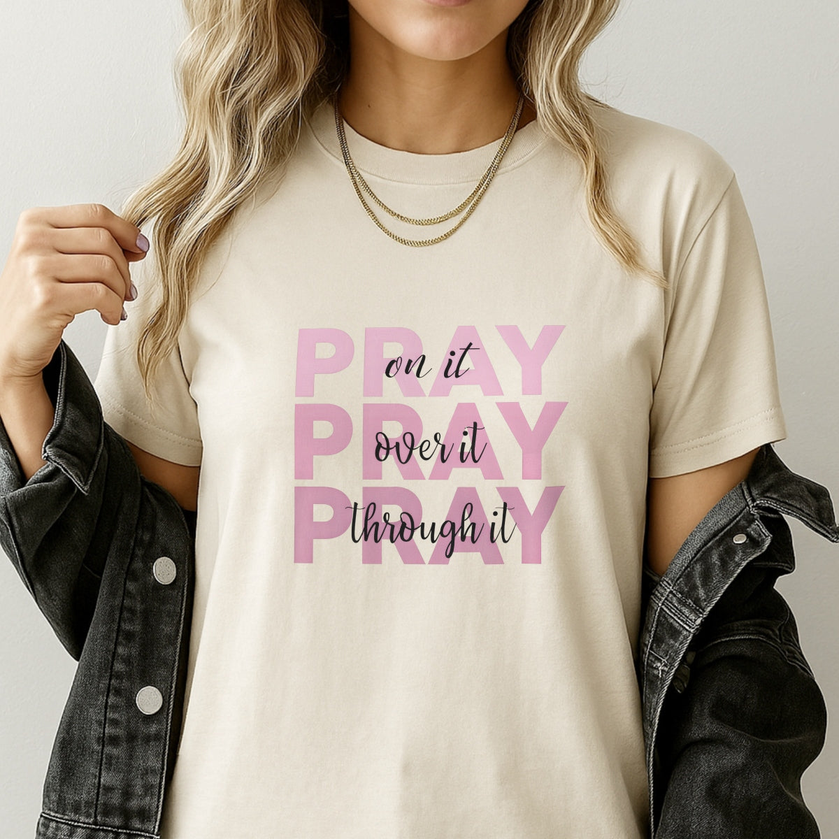 DTF Heat Transfer Iron On Sticker ,  Minimalist Pink PRAY Quote with Layered Cursive, Spiritual Encouragement Wall Decal for Clothing, Tote Bags, Hoodies