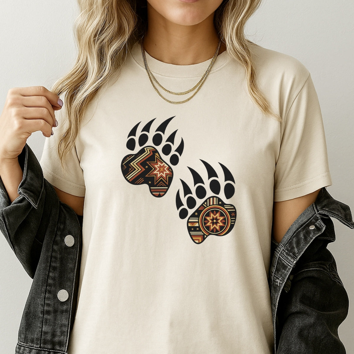 DTF Heat Transfer Iron On Sticker , Bear Paw Print, Tribal Ethnic Style, Geometric Star Patterns, for Clothing Jeans T-Shirt Boots Hat Bag Backpack