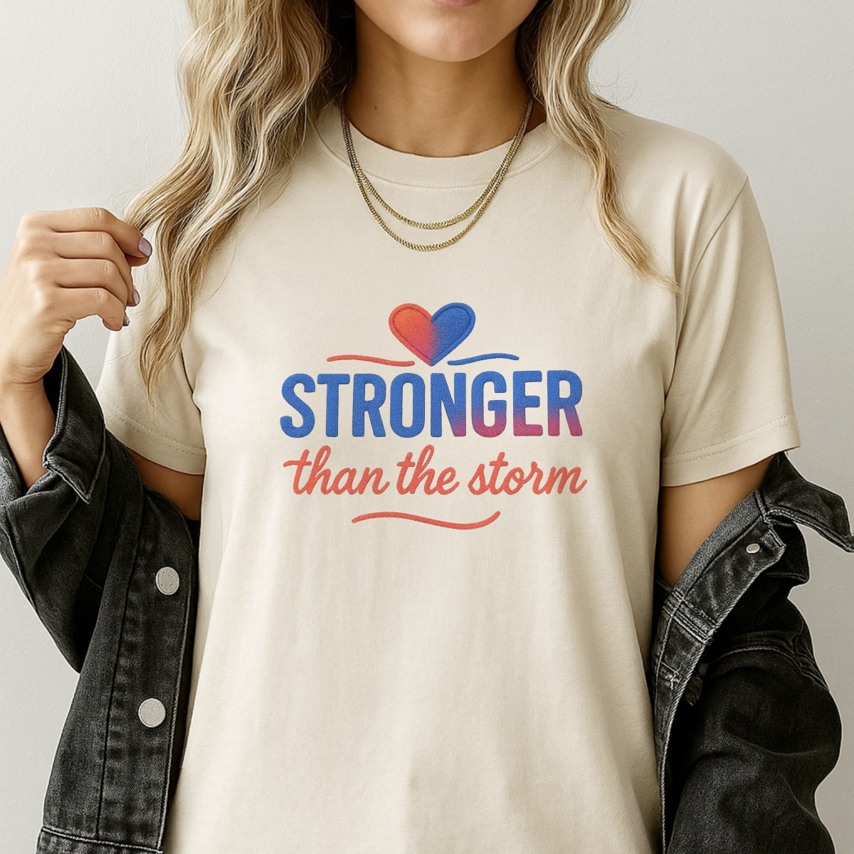 DTF Heat Transfer Iron On Sticker , Gradient Heart with "STRONGER than the Storm" Motivational Quote , Resilience-Themed Apparel Decal for T-Shirts, Hoodies