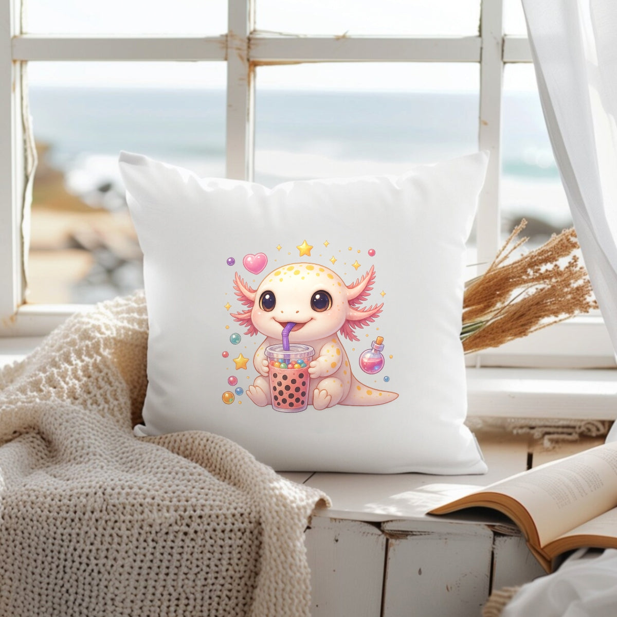 Cute Axolotl Boba Tea DTF Transfer, Kawaii Bubble Tea Iron-On Patch for T-Shirts, Hoodies, Totes,Heat Press Vinyl for DIY Clothing | Anime Style Animal Sticker Decal