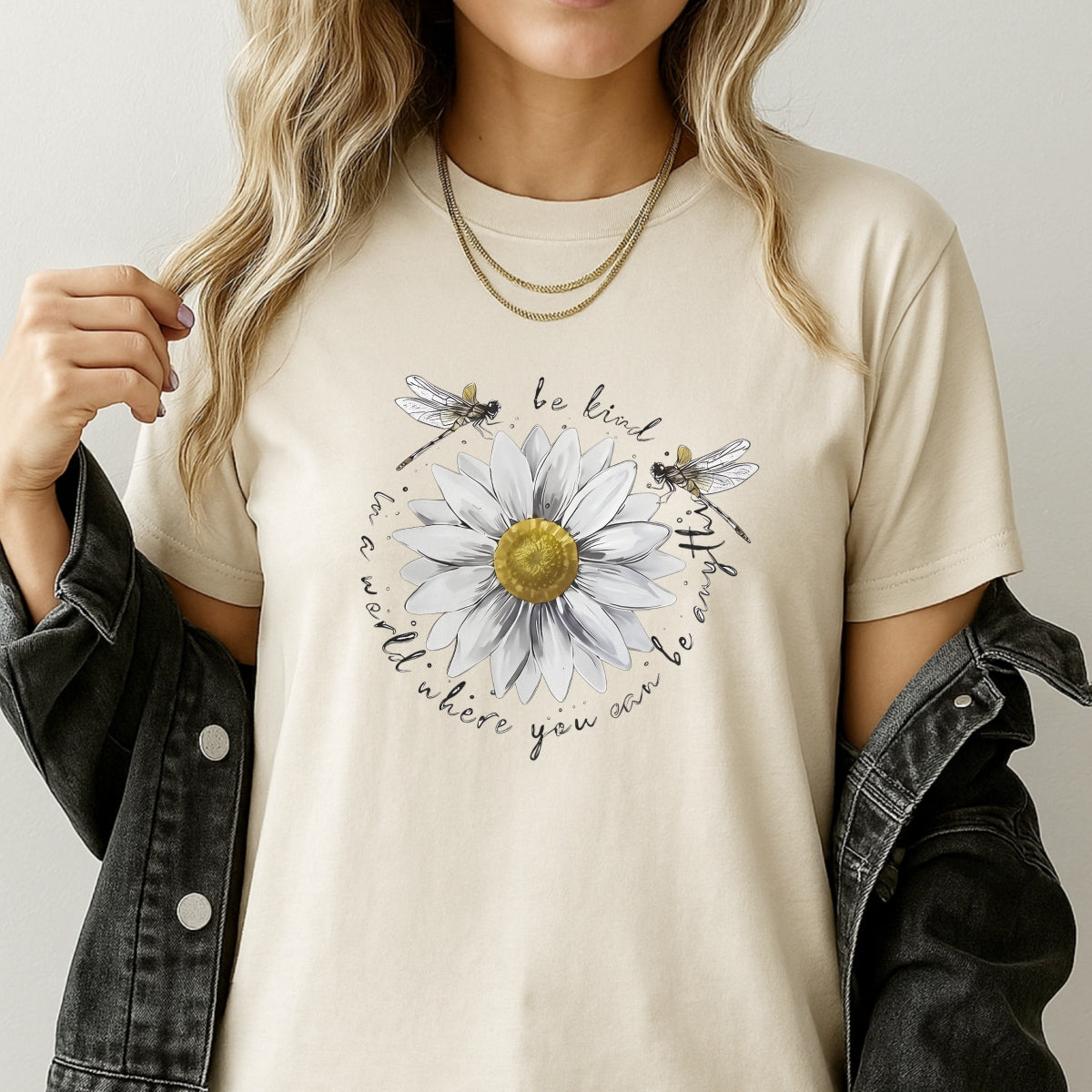 DTF Heat Transfer Iron On Sticker ,  White Daisy with Golden Core and Layered Petals, Dragonflies and "Be Kind" Cursive Text ,  Nature-Inspired Motivational Decal for Clothing, Tote Bags