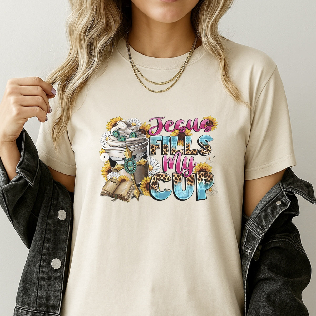 DTF Heat Transfer Iron On Sticker , Floral Bible Cross with "Jesus FILLS My CUP" Verse , Christian Faith Decor Sticker for Clothing, Tote Bags