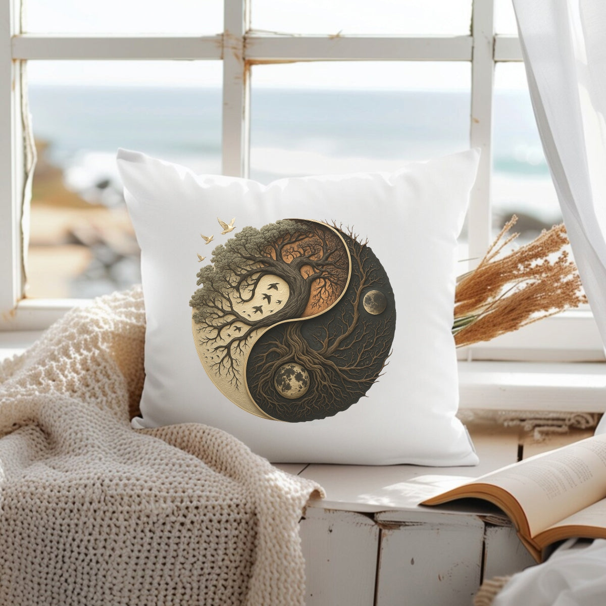 Yin Yang Tree of Life DTF Heat Transfer, Moon & Nature Spiritual Iron On Decal for DIY T-Shirts, Ready to Press, Full Color, Washable