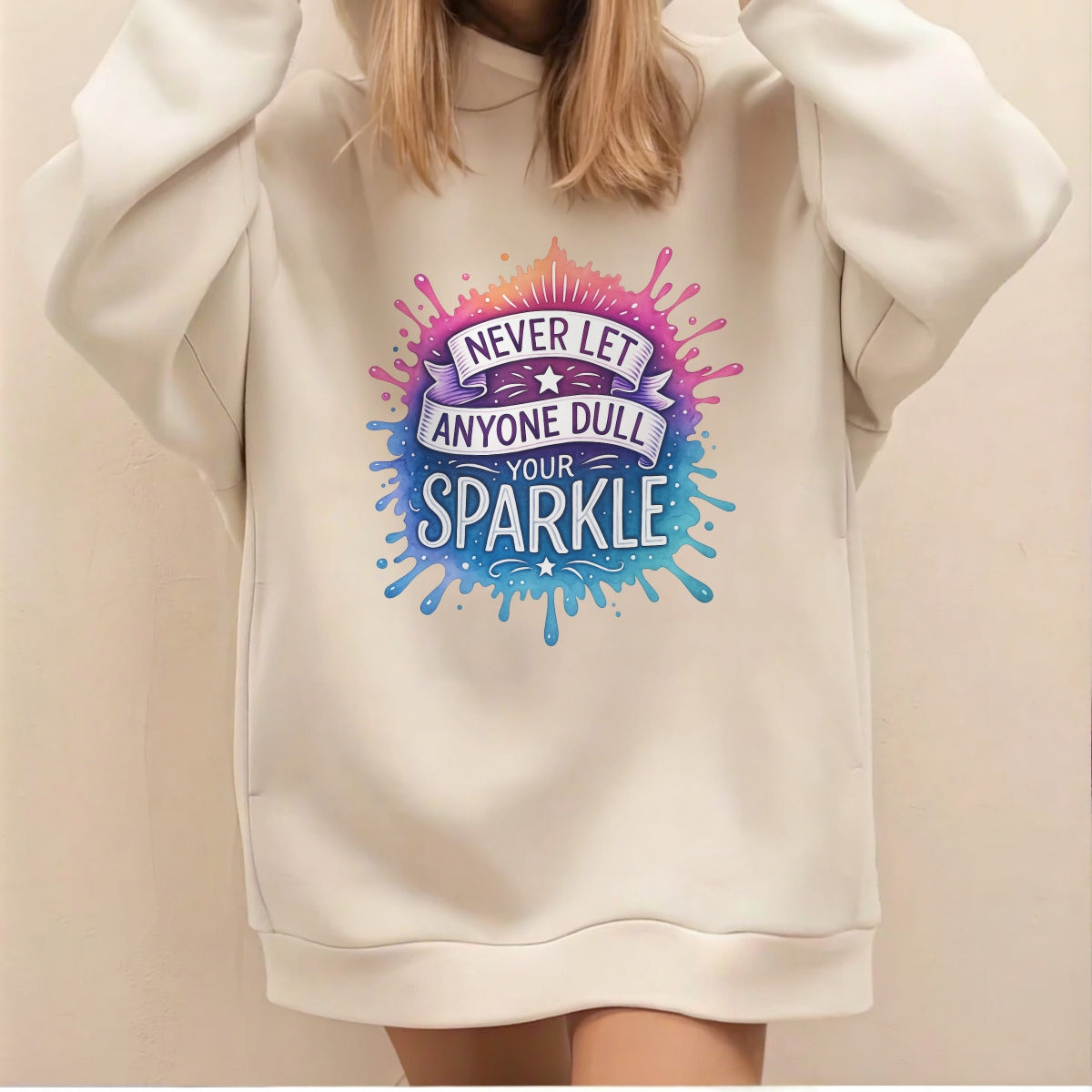 Never Let Anyone Dull Your Sparkle” DTF Transfer , Inspirational Quote Iron-On Patch for T-Shirts, Hoodies, Totes , Vibrant Glitter Effect Heat Press Decal for DIY Clothing