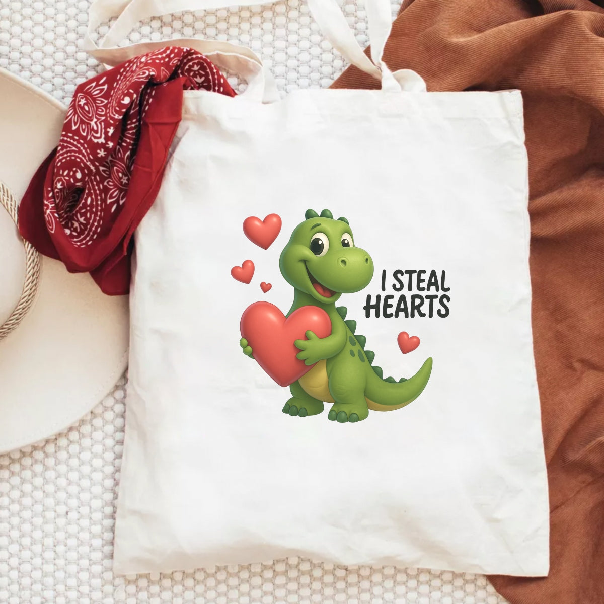 Cute Dinosaur Heat Transfer Patch ,  Steal Hearts Iron-On Decal for T-Shirts, Bags, Funny Valentine DIY Design