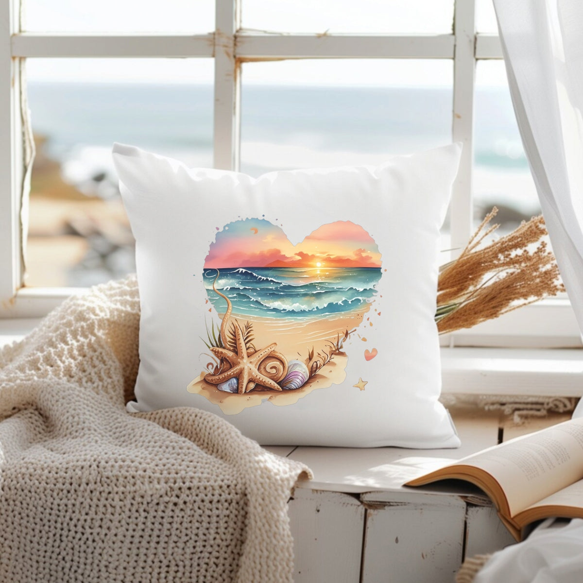 Sunset Beach Heart DTF Transfer,Cute Ocean Summer Iron On Patch for T-Shirts, Tote Bags, DIY Heat Press Decals, Aesthetic Watercolor Surf Art, Pastel Coastal Vinyl Design