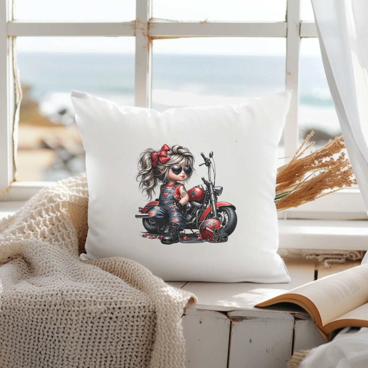 DTF Heat Transfer Iron On Sticker, Cool Biker Style Little Biker with Heart Sunglasses and Red Denim Overalls, Decal for Clothing, Tote Bags