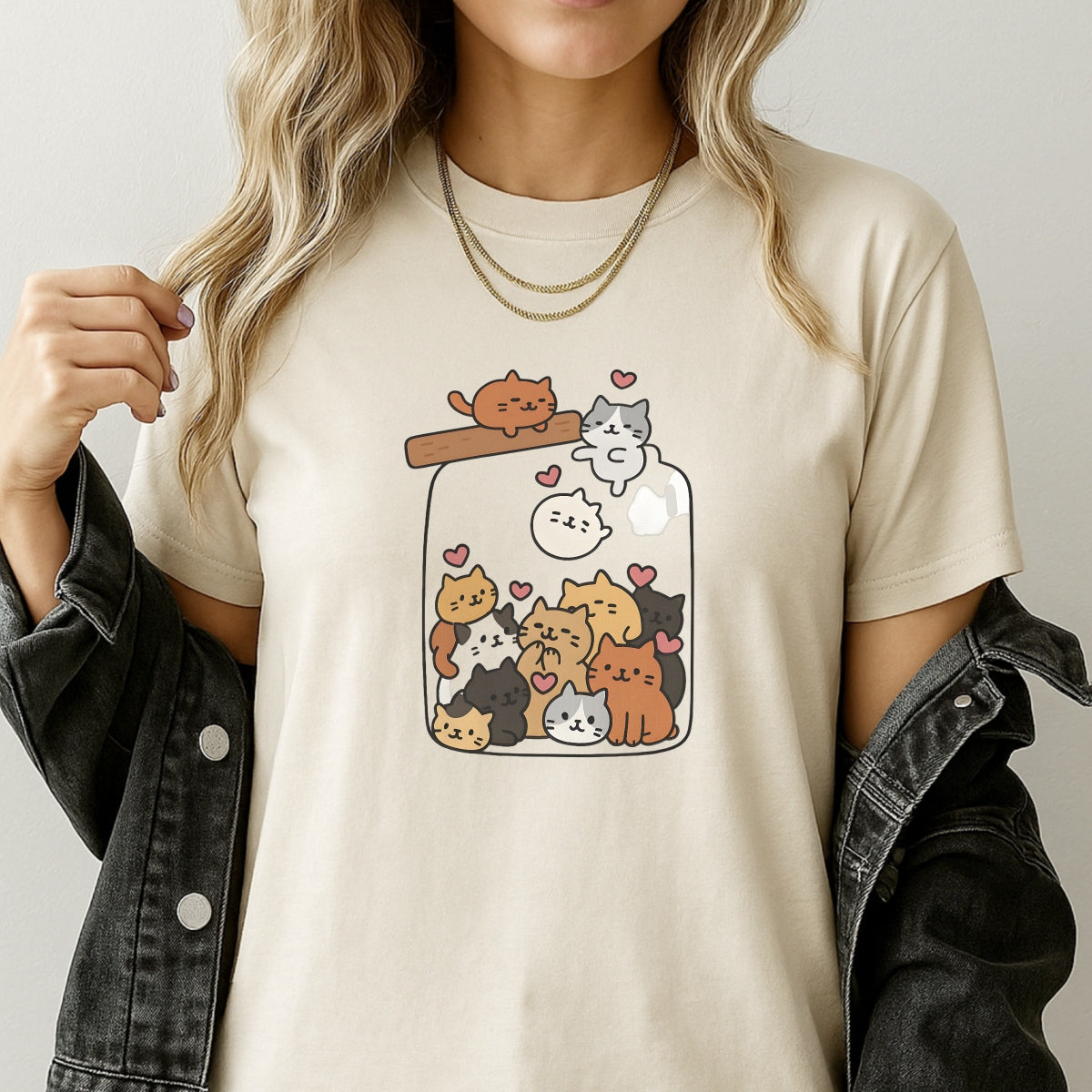 DTF Heat Transfer sticker: "Heartwarming Feline Harmony" – cute pastel cats, jar, pink hearts. Easy to apply