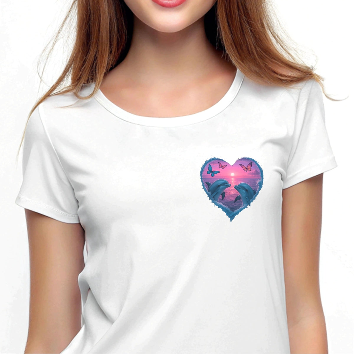 DTF Heat Transfer Iron On Sticker,Romantic Dolphins Heart with Sunset Ocean and Butterflies Design for DIY Shirt, Beachwear, Couple Gift, Aesthetic Summer Vibe