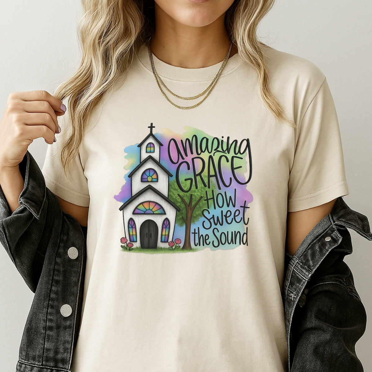 DTF Heat Transfer Iron On Sticker , Gothic Church with Stained Glass and "Amazing Grace" Quote ,  Pink Roses and Green Tree on Pastel Watercolor Background , Inspirational Christian Merch for T-Shirts, Hoodies, Tote Bags