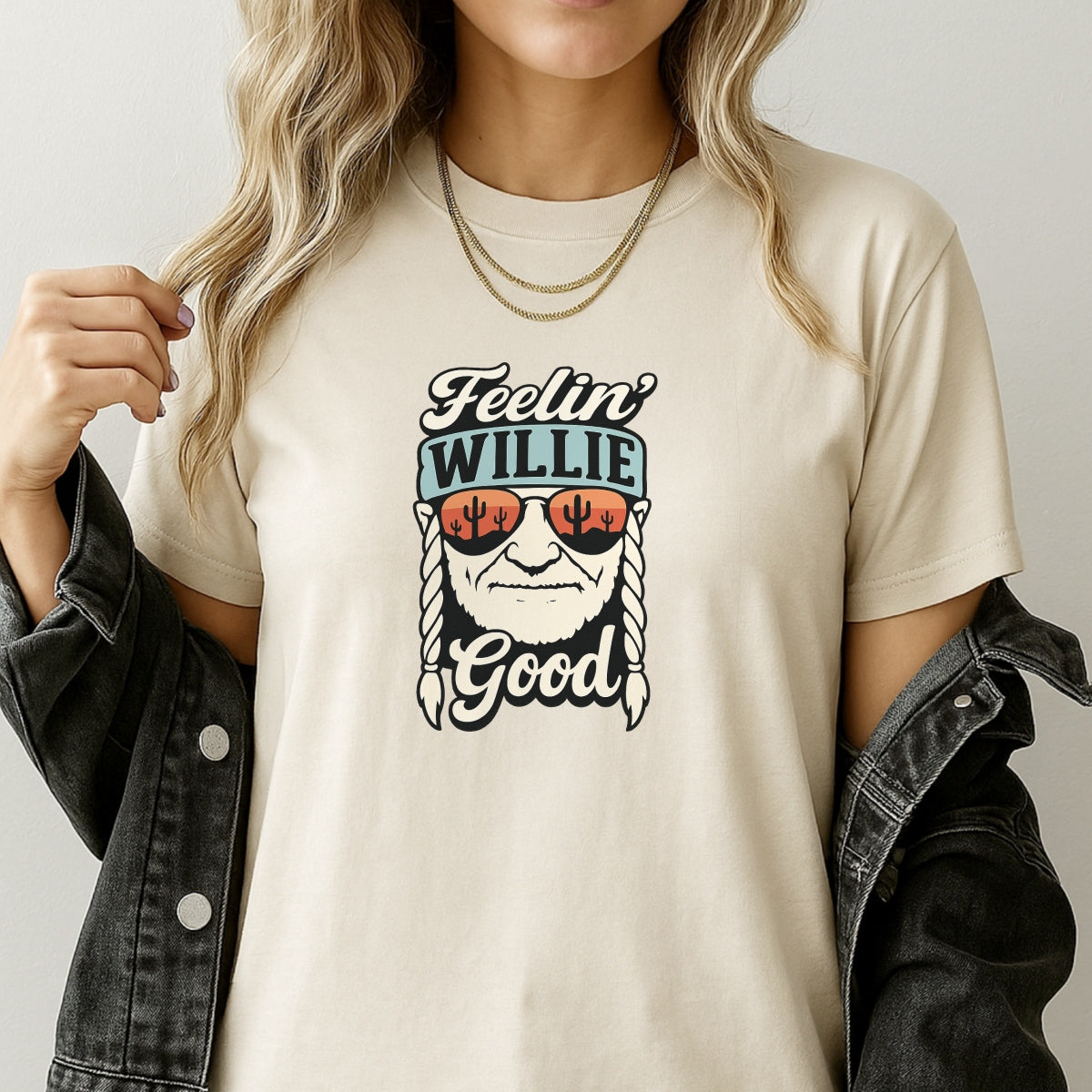 DTF Heat Transfer Iron On Sticker,Willie Nelson Portrait with Desert Sunset Cactus Reflection & "Feelin' Good" Country Lyrics,Vintage Western Music Merch for T-Shirts, Hoodies, Tote Bags