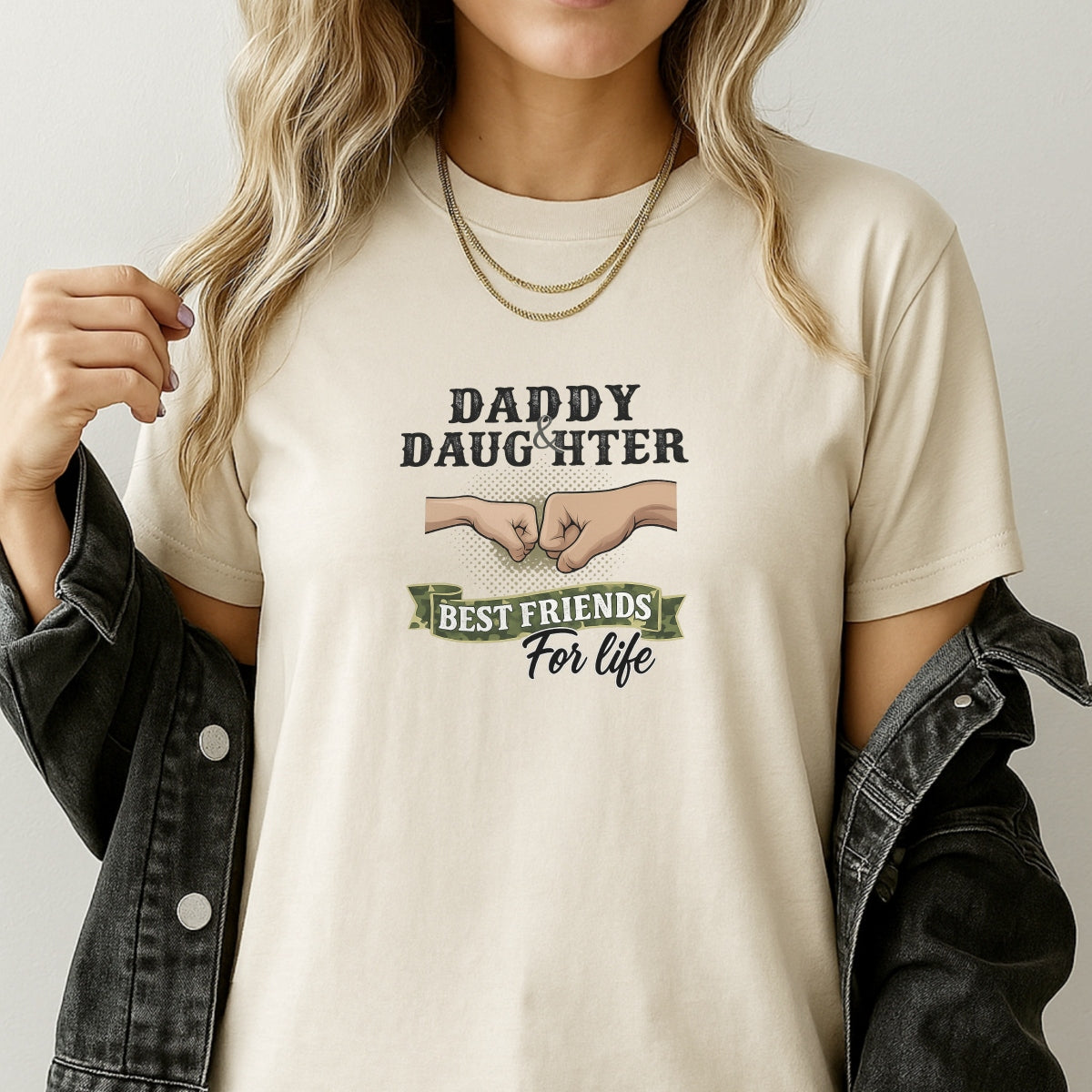 DTF Heat Transfer Iron On Sticker , "DADDY and DAUGHTER" Fist Bump Friendship Design , Vintage Polka Dot Background with Camouflage Ribbon and Military-Inspired Aesthetic ,  Family Bonding Apparel Decal for T-Shirts, Hoodies, Tote Bags