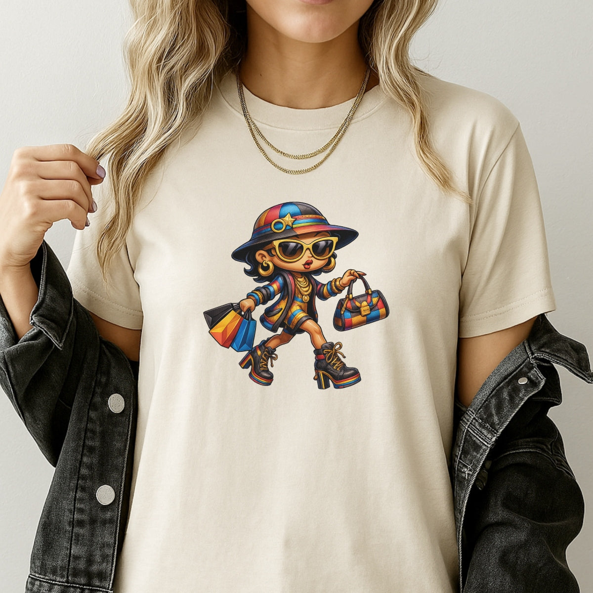 DTF Heat Transfer Iron On Sticker, Cartoon Lady with Striped Jacket & Gold Star Hat, Rainbow High-Heel Boots & Shopping Bags Design, Bold Fashion Decal for Clothing, Tote Bags
