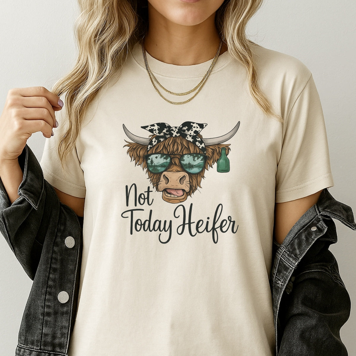 DTF Heat Transfer Iron On Sticker , Highland Cow with Green Sunglasses and Bandana , "Not Today Heifer" Western Style Decal for Clothing, Tote Bags