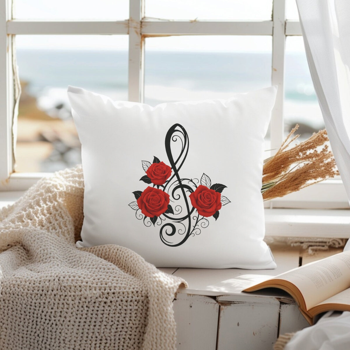 Music Note Rose Iron On Transfer for T-Shirts , DTF Heat Transfer Patch , Red Rose Floral Treble Clef Decal for DIY Clothing, Bags