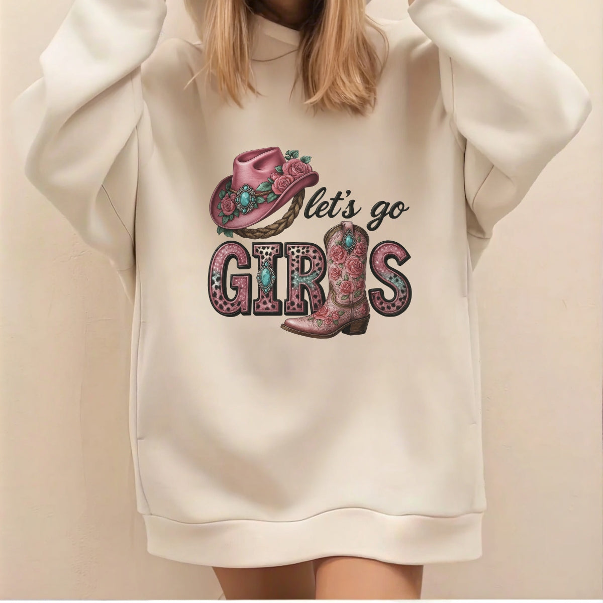 Let’s Go Girls Western DTF Transfer , Pink Cowgirl Hat and Boot Heat Press Iron-On for T-Shirts, Country Rodeo Style, Glitter Vinyl Look