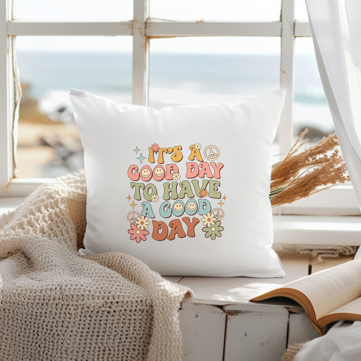 DFT Iron-on TransfersGroovy Peace Flower DTF Iron-On Transfer Sticker,'It's a Good Day' Retro Hippie Design,Vibrant Smiley Face & Floral Motif for Apparel, Tote Bags