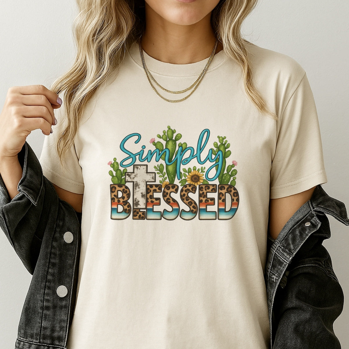 DTF Heat Transfer Iron On Sticker ,  "Simply Blessed" Cactus and Sunflower Design with Leopard Print BLESSED Text and Desert Stripes Cross ,  Western and Spiritual Themed Decal for Clothing, Tote Bags