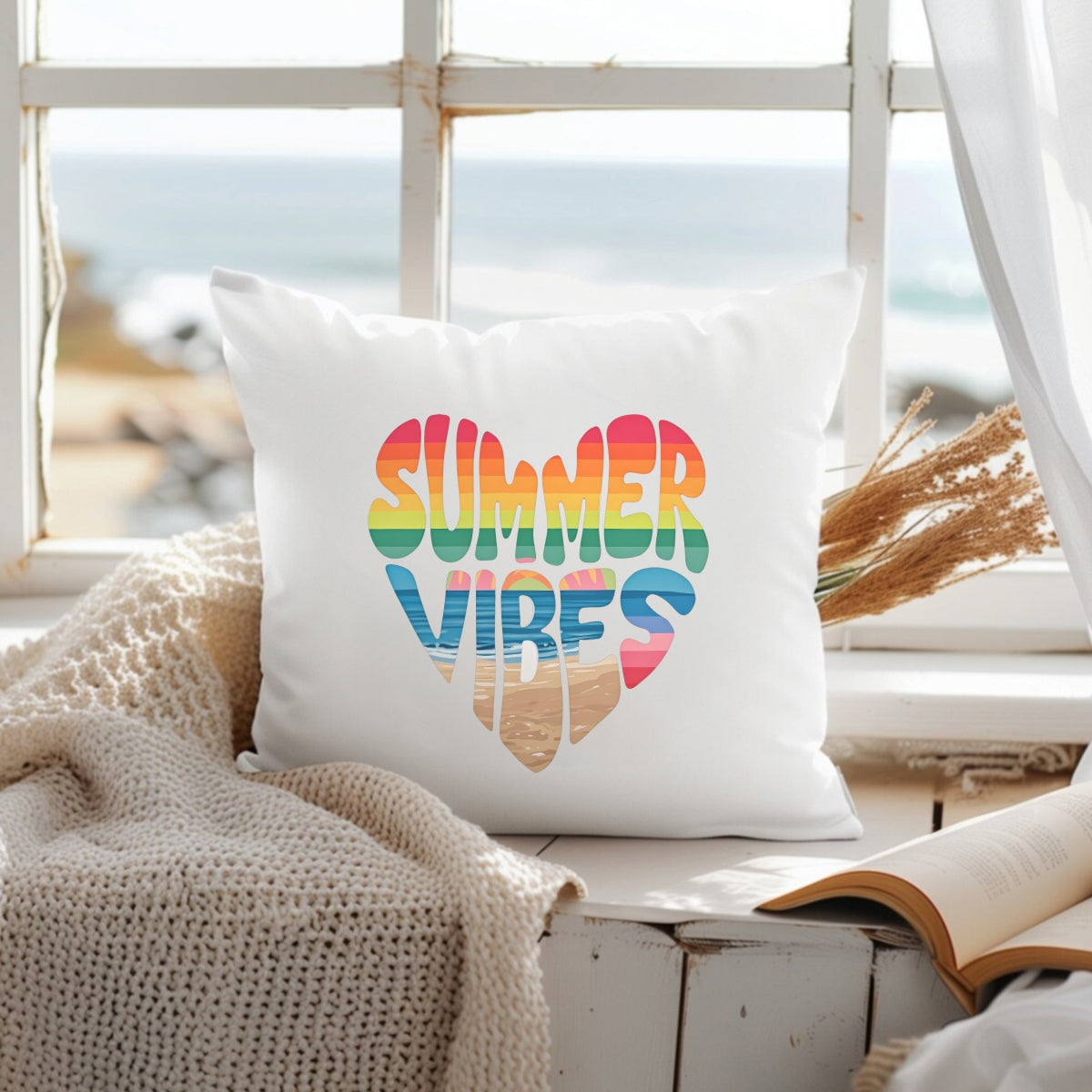 Summer Vibes DTF Iron-On Transfer ,  Rainbow Gradient Heart Design with Beach Scene ,  'SUMMER VIBES' Text Sticker for T-Shirts, Hoodies, Tote Bags