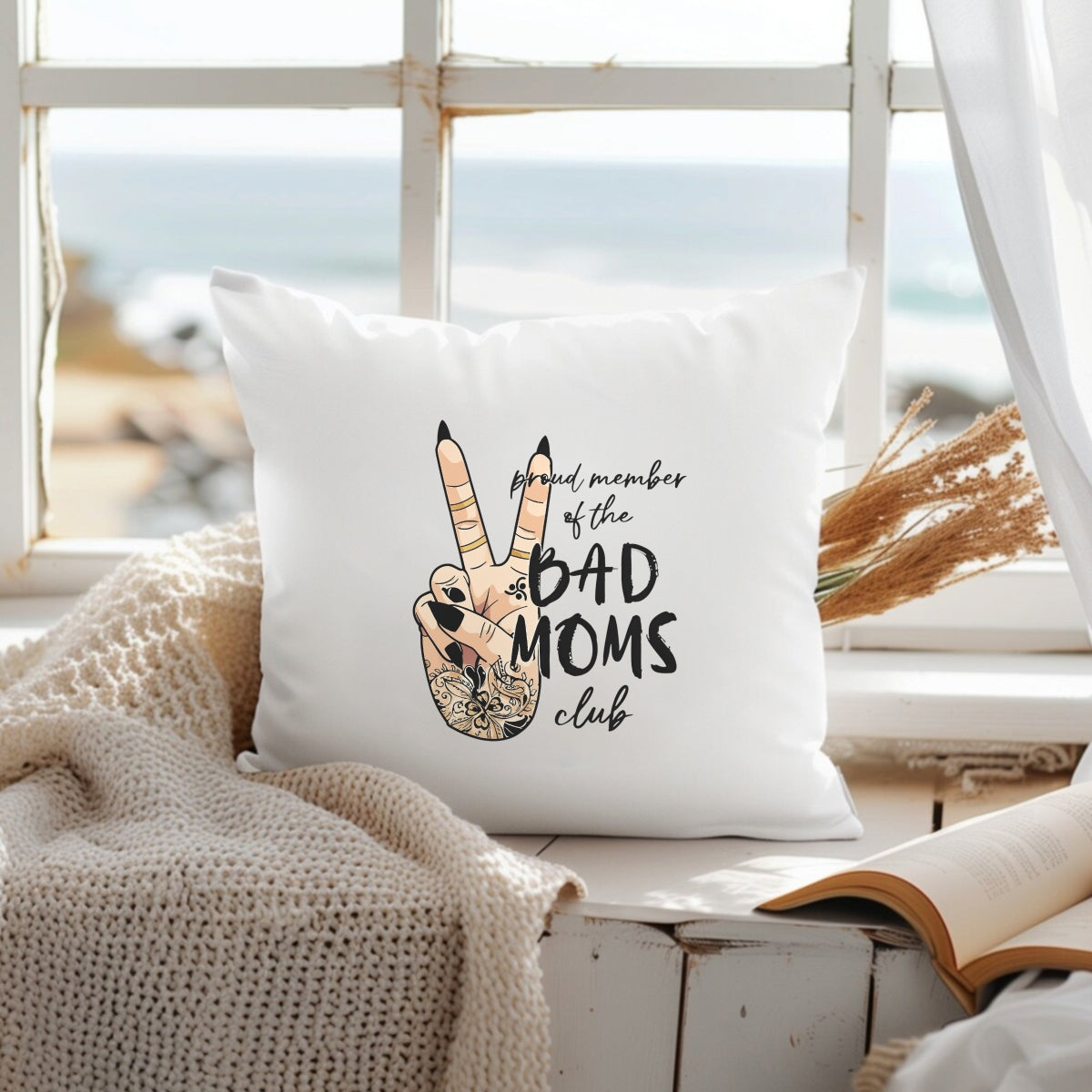Bad Moms Club Peace Sign DTF Iron-On Decal , Floral Tattoo Mom Life Sticker | Black and Tan Gold Accents Design for Apparel