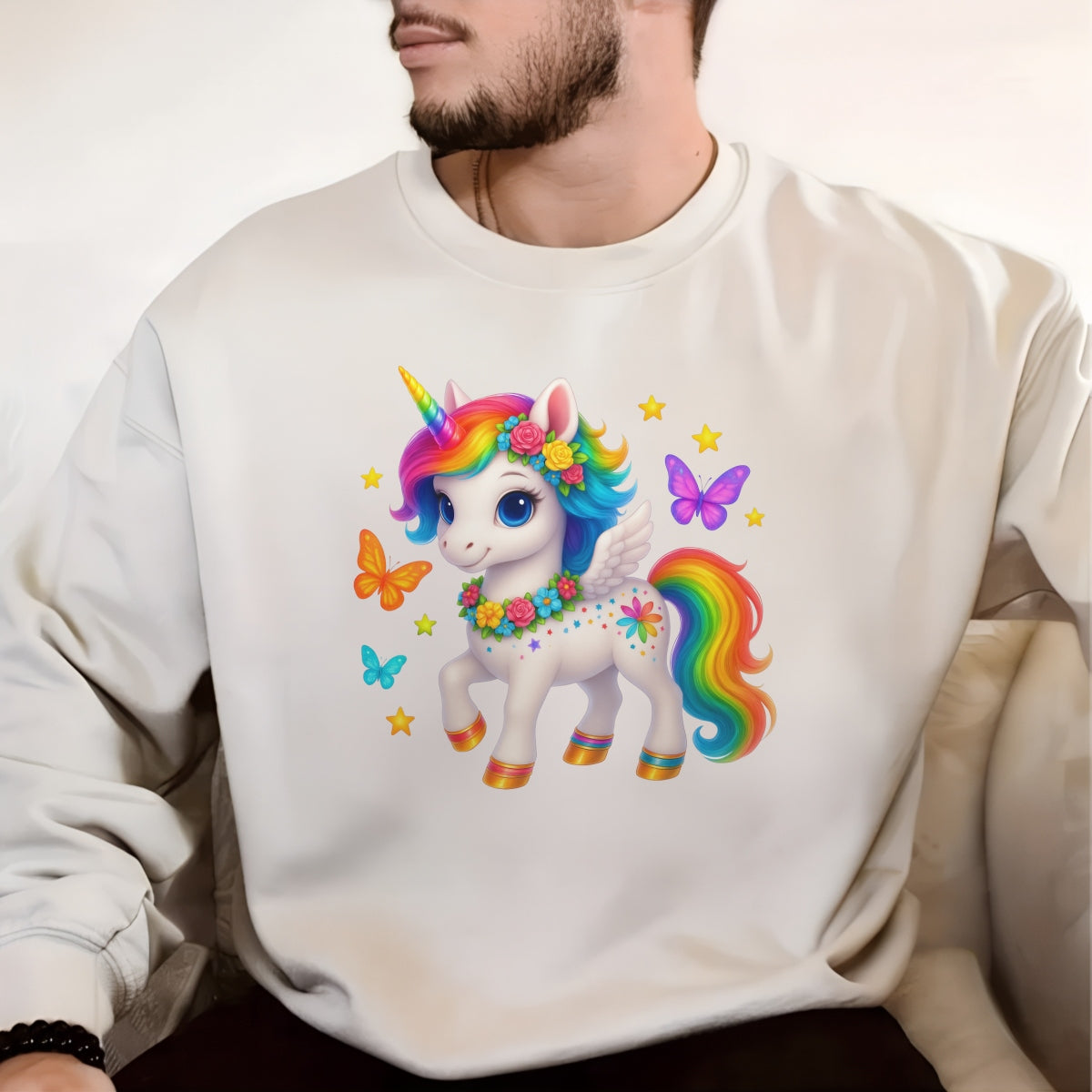 DTF Heat Transfer Iron On Sticker,Rainbow Unicorn with Wings, Flowers, and Stars Design for DIY Shirt, Fantasy Lover Gift, Magical Aesthetic Apparel Decoration