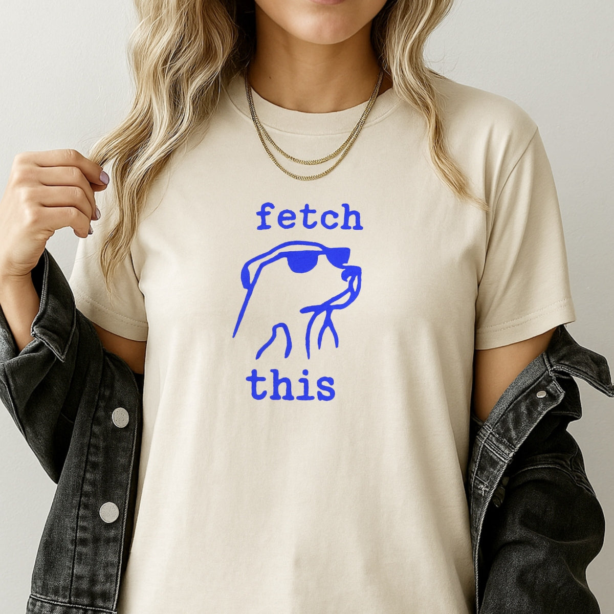DTF Heat Transfer Iron On Sticker,  Chill Pup with Sunglasses ,  "Fetch This" Bold Blue Typography ,  Modern Minimalist Pet Sticker for Party Outfits, Tote Bags and DIY Crafts