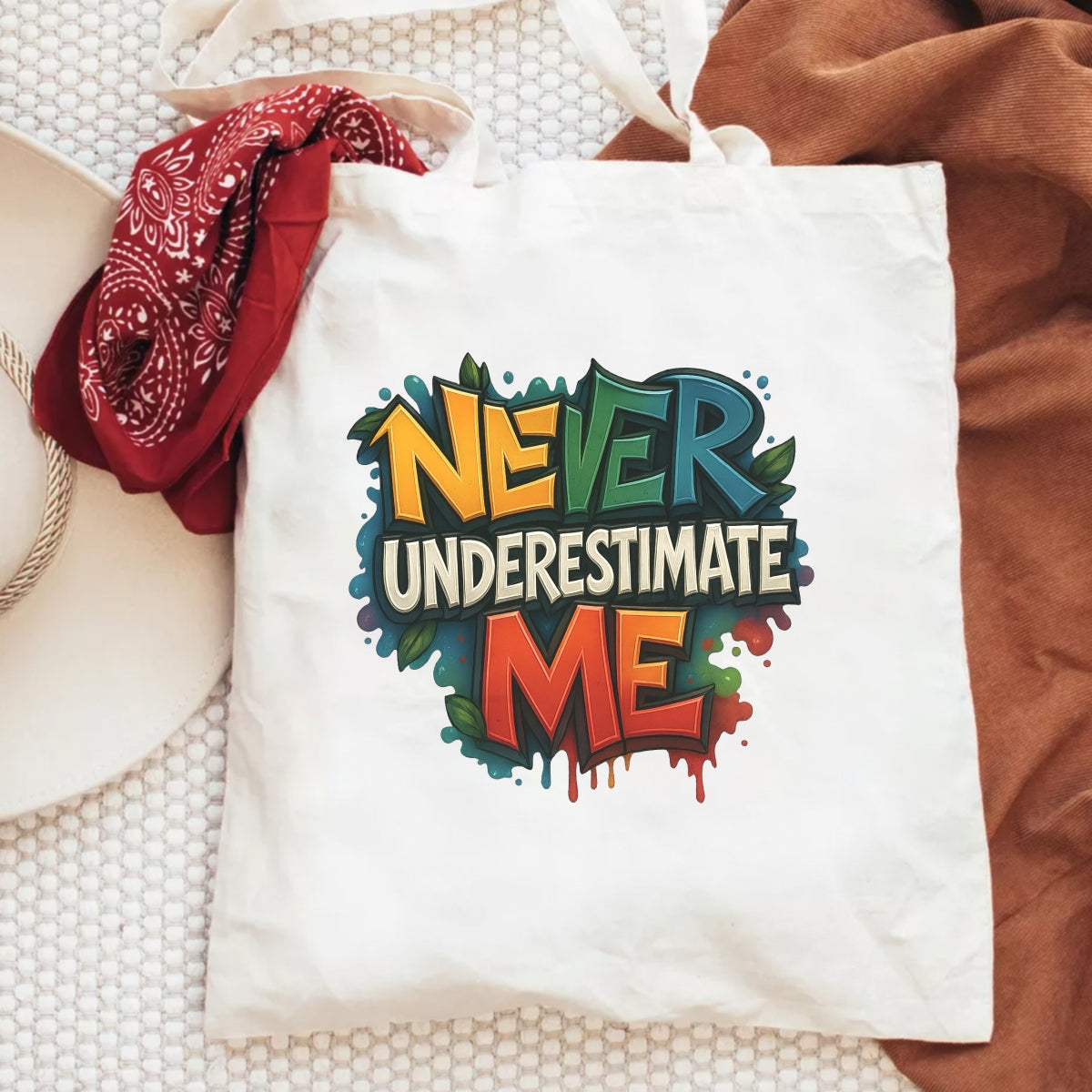 Never Underestimate Me" Graffiti DTF Transfer , Bold Street Style Iron-On Heat Press Decal for DIY T-Shirts,  Hoodies, Bags ,3D Look,  Vibrant Colors,  Motivational Quote Patch