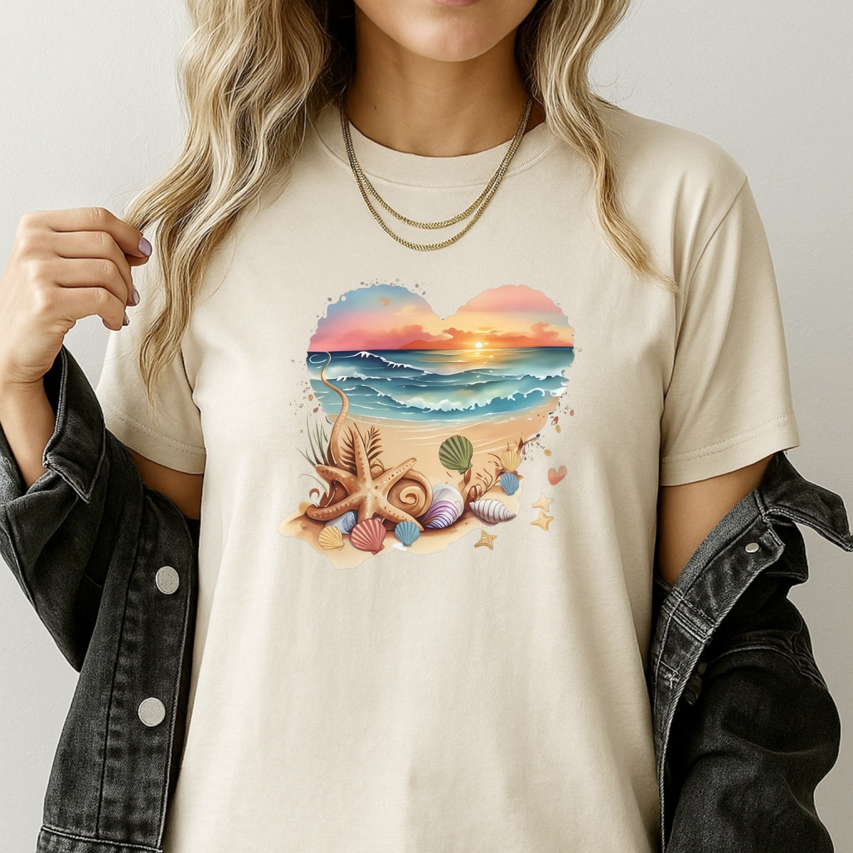 DTF Heat Transfer Iron On Sticker ,  Heart-Shaped Beach Sunset Scene with Seashells and Starfish , Tropical Vacation Merch for Clothing, Tote Bags