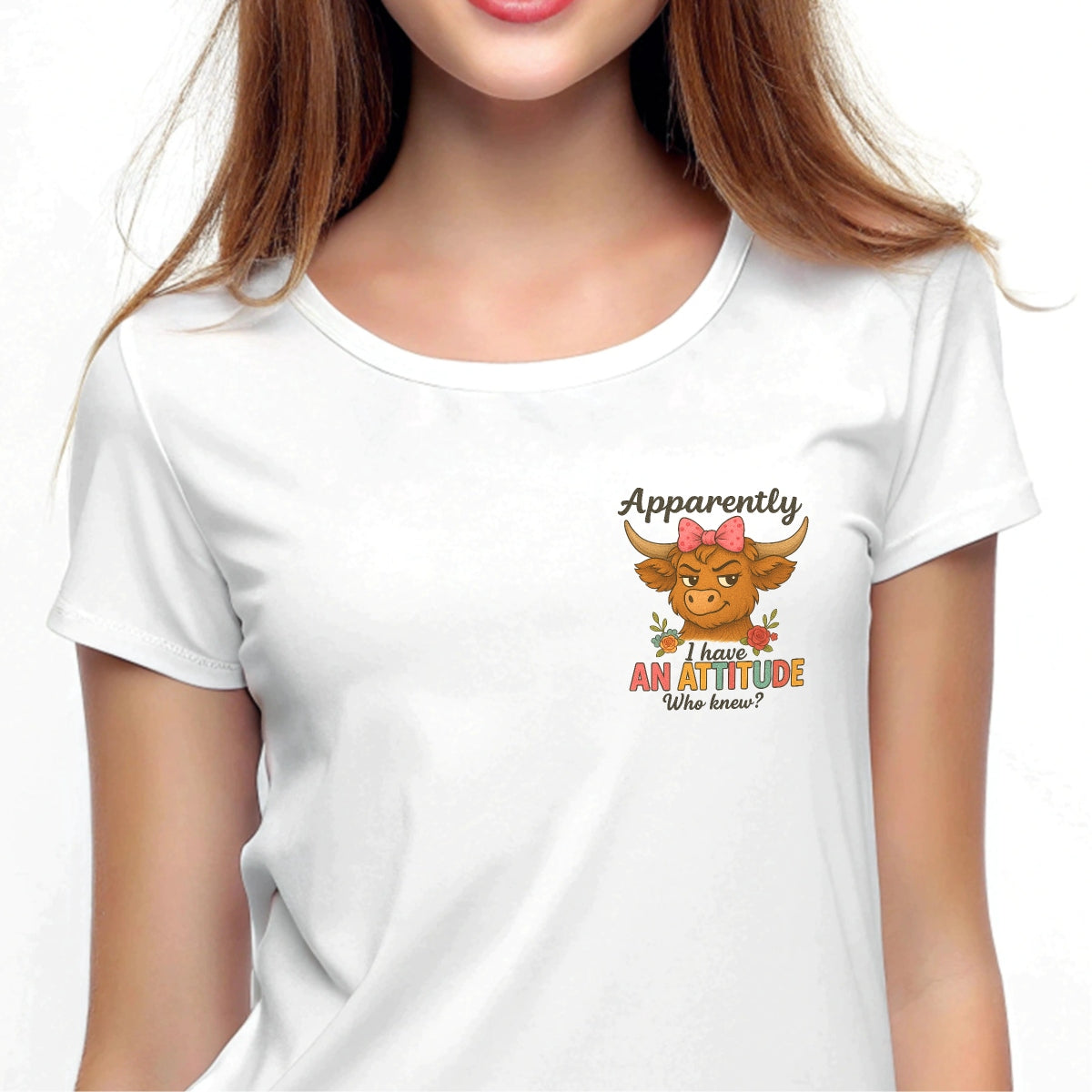 DTF Funny Highland Cow Iron-On Transfer “Apparently I Have an Attitude” Heat Press Decal, Sassy Cow with Bow, Full-Color DTF Print for DIY T-Shirts, Bags