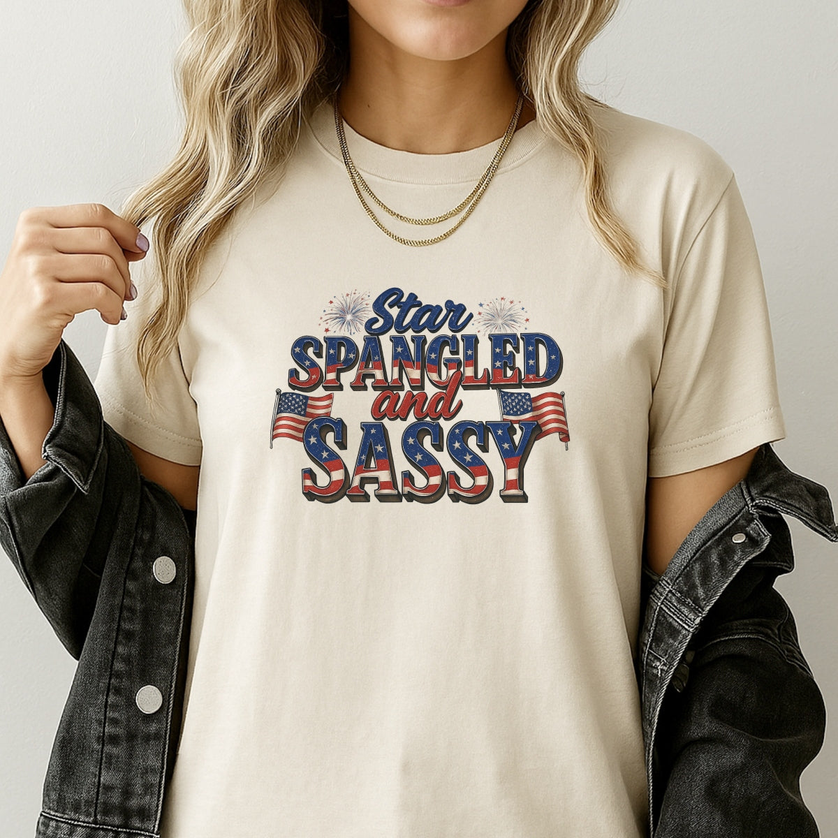 Star Spangled and Sassy DTF Transfer , Patriotic Iron-On Decal for 4th of July Shirts , USA Flag Fireworks Heat Press Design for DIY Clothing