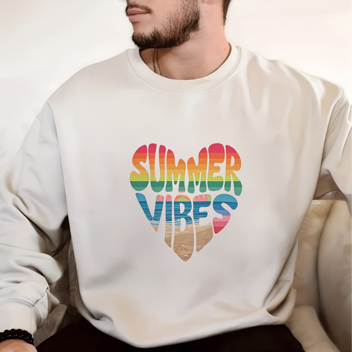 Summer Vibes DTF Iron-On Transfer ,  Rainbow Gradient Heart Design with Beach Scene ,  'SUMMER VIBES' Text Sticker for T-Shirts, Hoodies, Tote Bags