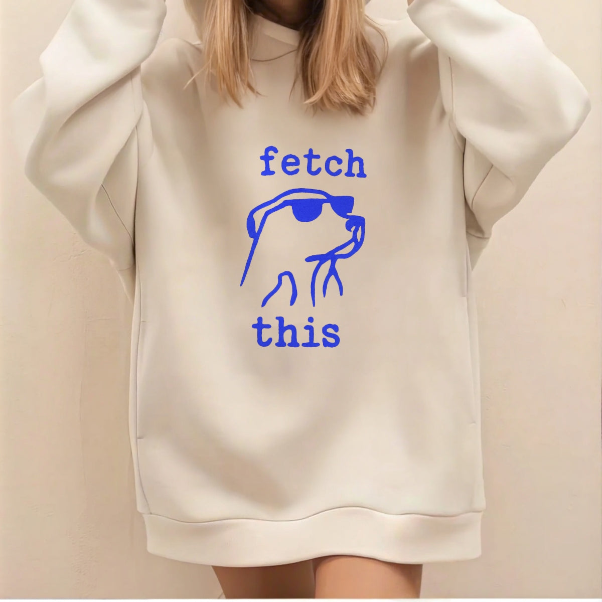 DTF Heat Transfer Iron On Sticker,  Chill Pup with Sunglasses ,  "Fetch This" Bold Blue Typography ,  Modern Minimalist Pet Sticker for Party Outfits, Tote Bags and DIY Crafts