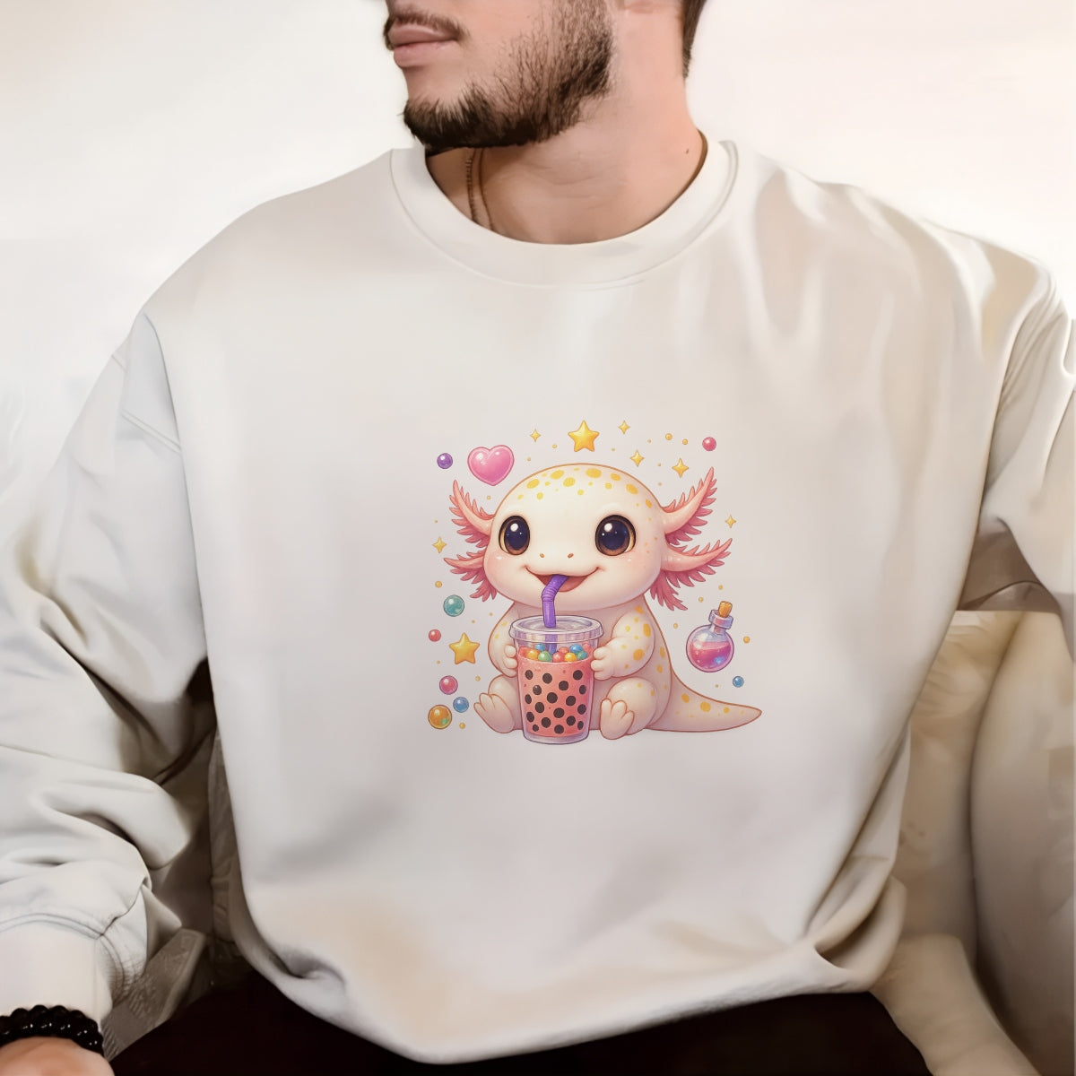 Cute Axolotl Boba Tea DTF Transfer, Kawaii Bubble Tea Iron-On Patch for T-Shirts, Hoodies, Totes,Heat Press Vinyl for DIY Clothing | Anime Style Animal Sticker Decal