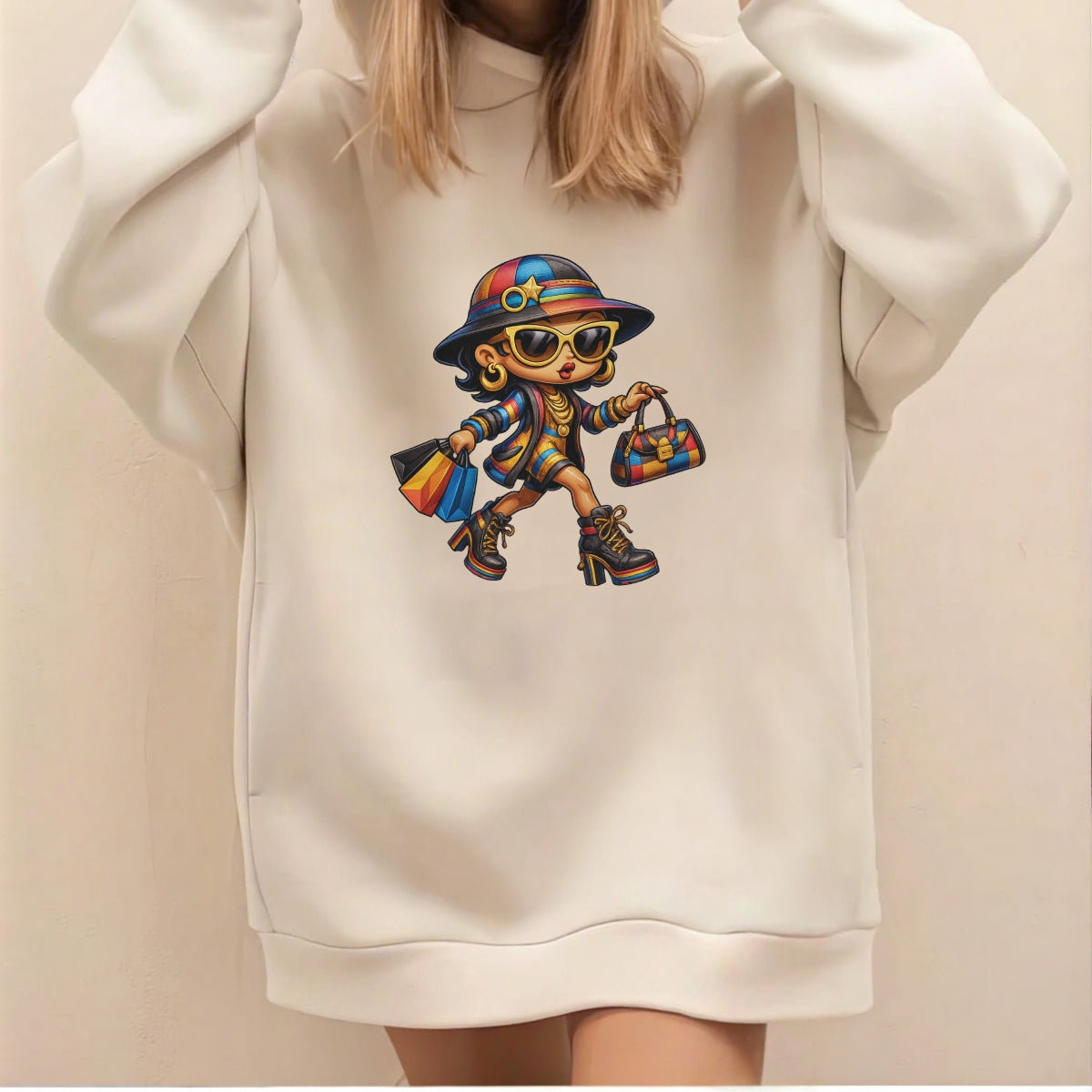 DTF Heat Transfer Iron On Sticker, Cartoon Lady with Striped Jacket & Gold Star Hat, Rainbow High-Heel Boots & Shopping Bags Design, Bold Fashion Decal for Clothing, Tote Bags