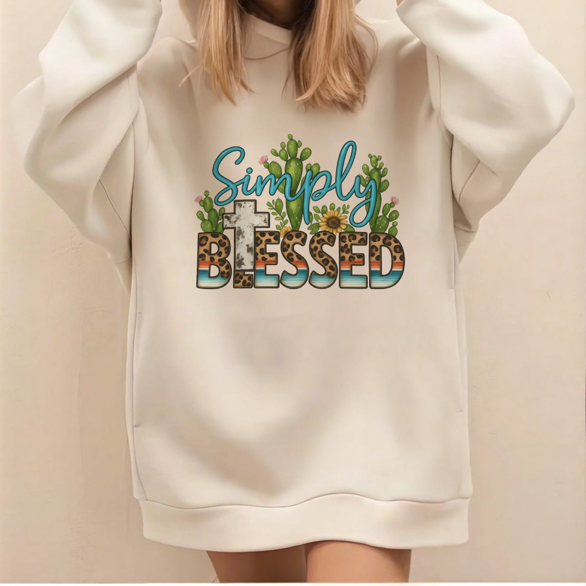 DTF Heat Transfer Iron On Sticker ,  "Simply Blessed" Cactus and Sunflower Design with Leopard Print BLESSED Text and Desert Stripes Cross ,  Western and Spiritual Themed Decal for Clothing, Tote Bags
