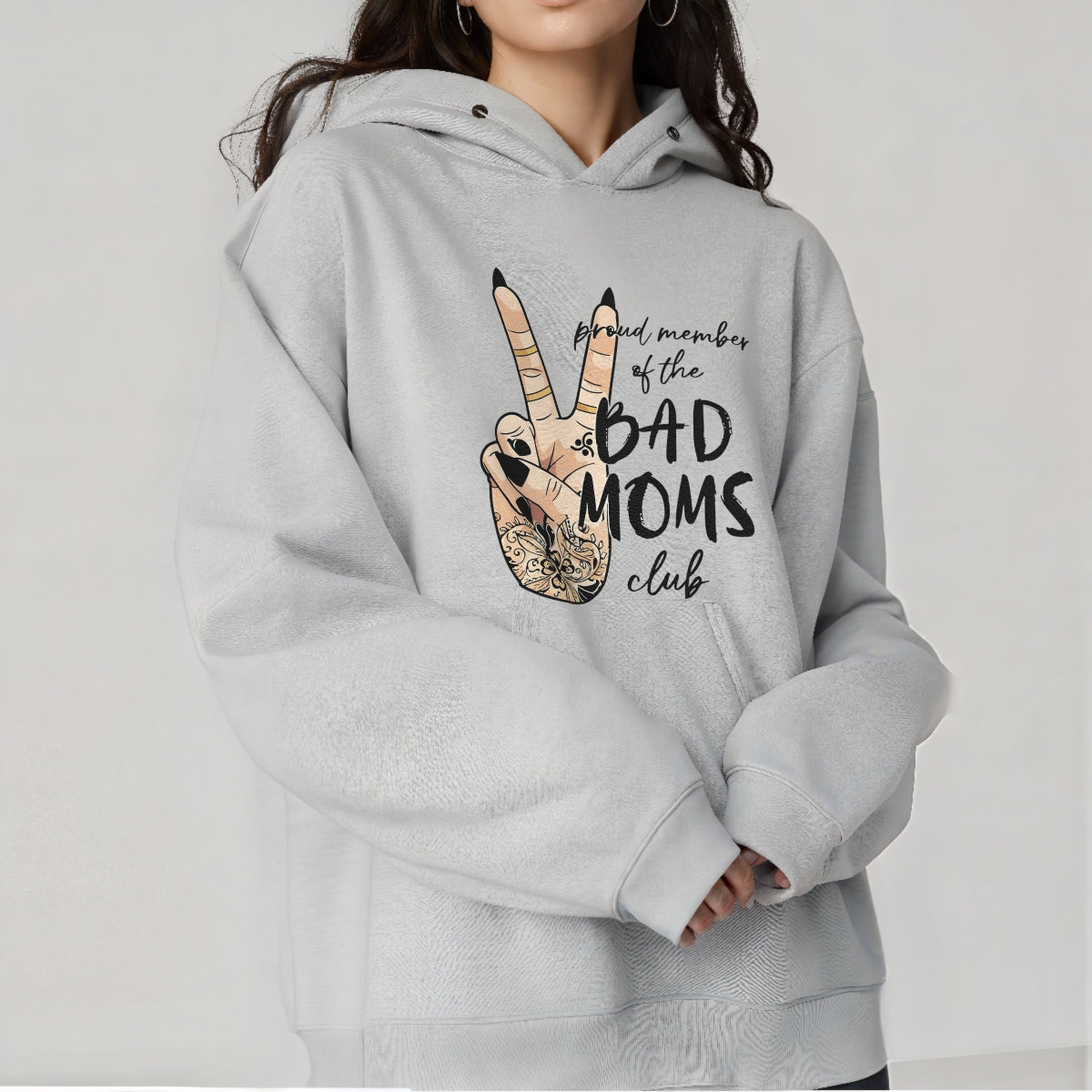 Bad Moms Club Peace Sign DTF Iron-On Decal , Floral Tattoo Mom Life Sticker | Black and Tan Gold Accents Design for Apparel