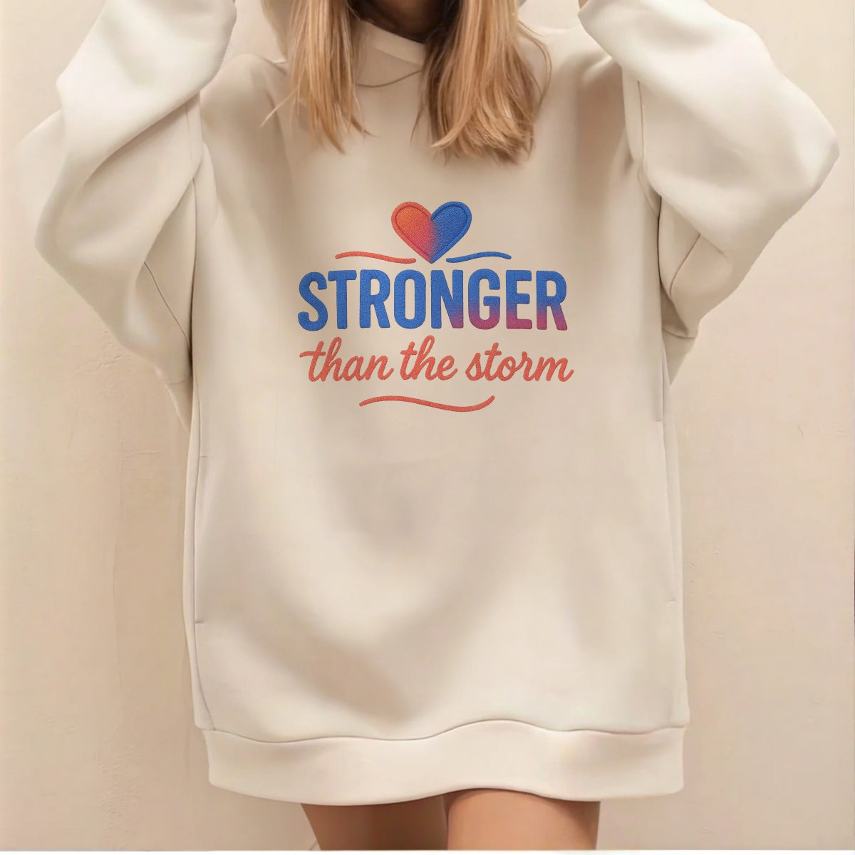 DTF Heat Transfer Iron On Sticker , Gradient Heart with "STRONGER than the Storm" Motivational Quote , Resilience-Themed Apparel Decal for T-Shirts, Hoodies