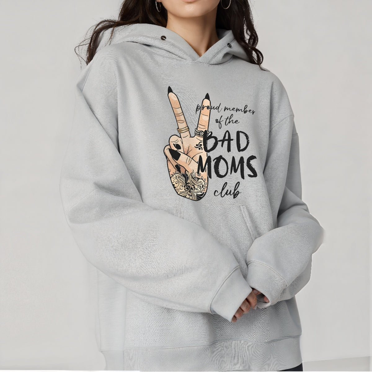 DTF Heat Transfer Iron On Sticker, "Bad Moms Club" Hand Gesture Art with Henna Floral Patterns & Peace Sign,Empowerment Slogan Sticker for Clothing, Tote Bags