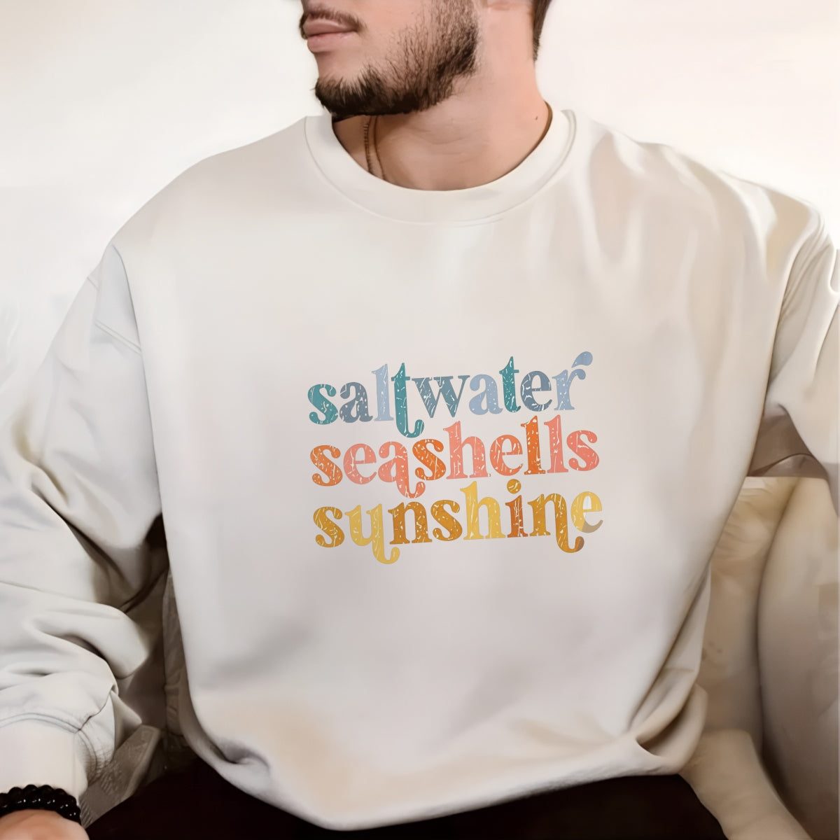 Ocean-Themed DTF Iron-On Transfer Sticker , Vintage Saltwater Seashells and Sunshine Design , Retro Beach Decal for T-Shirts, Hoodies, Tote Bags