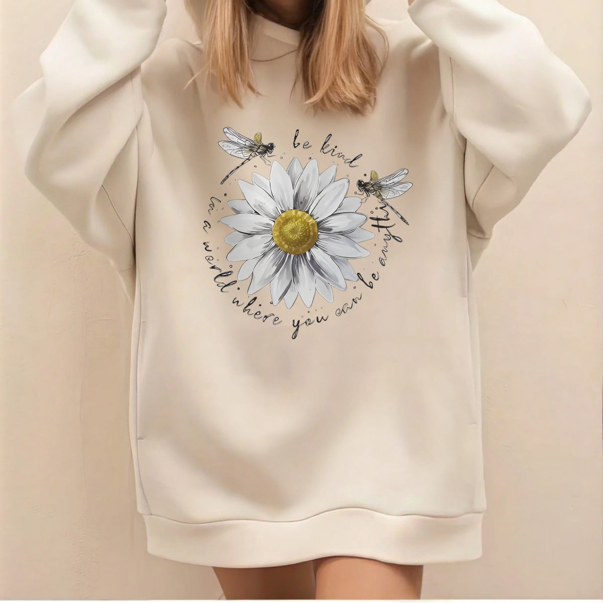 DTF Heat Transfer Iron On Sticker ,  White Daisy with Golden Core and Layered Petals, Dragonflies and "Be Kind" Cursive Text ,  Nature-Inspired Motivational Decal for Clothing, Tote Bags