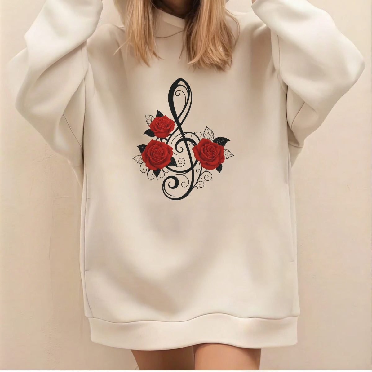 Music Note Rose Iron On Transfer for T-Shirts , DTF Heat Transfer Patch , Red Rose Floral Treble Clef Decal for DIY Clothing, Bags