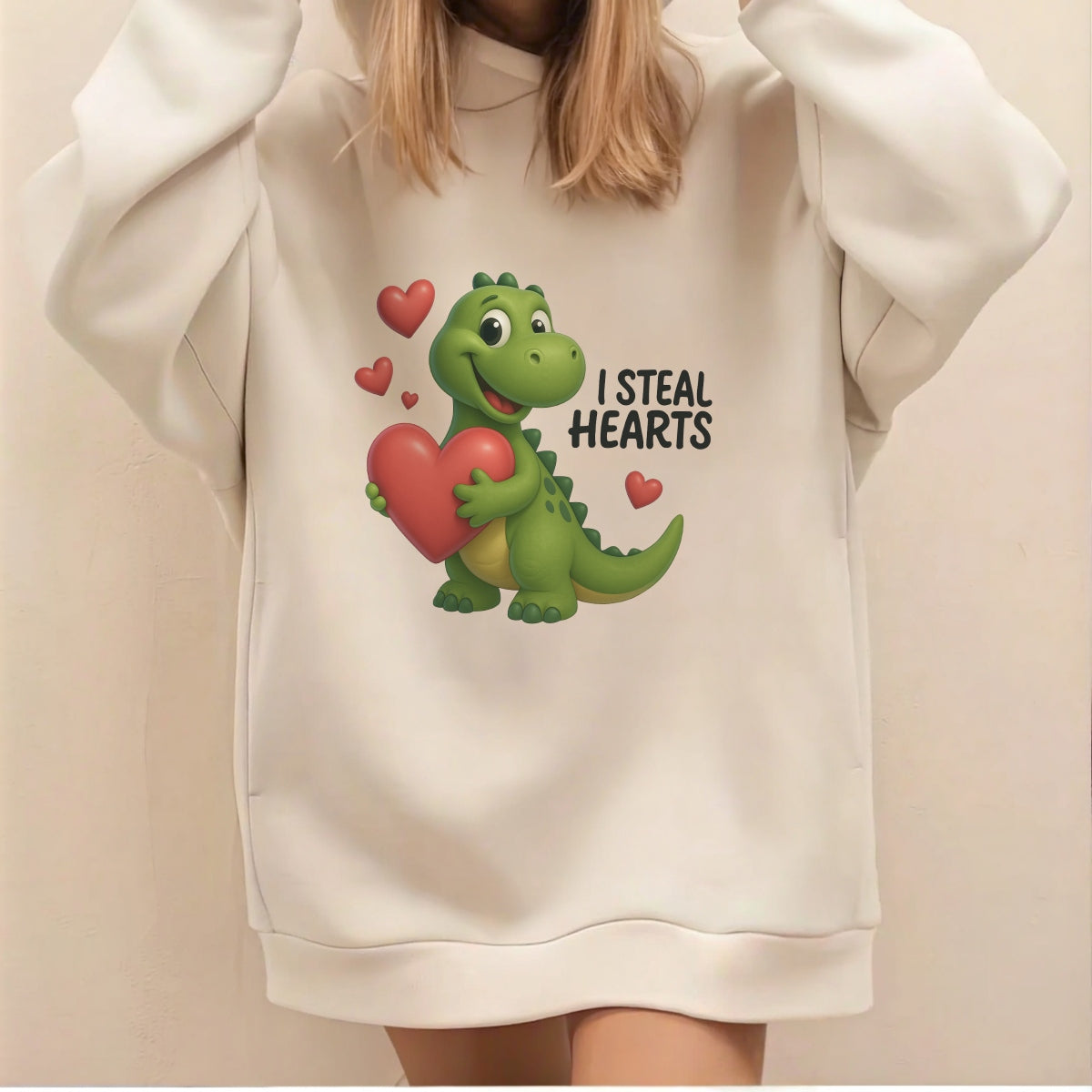 Cute Dinosaur Heat Transfer Patch ,  Steal Hearts Iron-On Decal for T-Shirts, Bags, Funny Valentine DIY Design