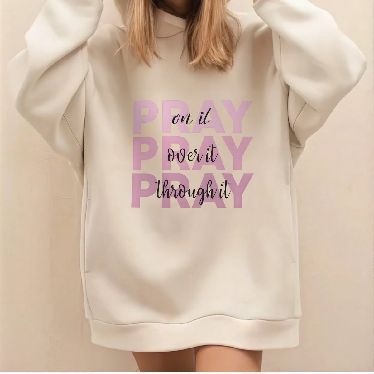 DTF Heat Transfer Iron On Sticker ,  Minimalist Pink PRAY Quote with Layered Cursive, Spiritual Encouragement Wall Decal for Clothing, Tote Bags, Hoodies