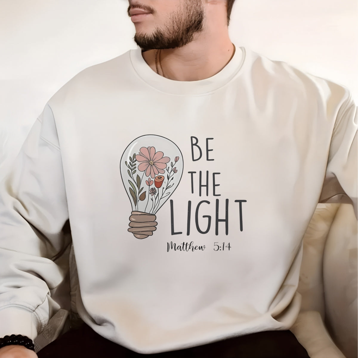 DTF Heat Transfer Iron On Sticker,  Floral Lightbulb Scripture Art with "BE THE LIGHT" & Matthew 5:14,   Decal for Clothing, Tote Bags