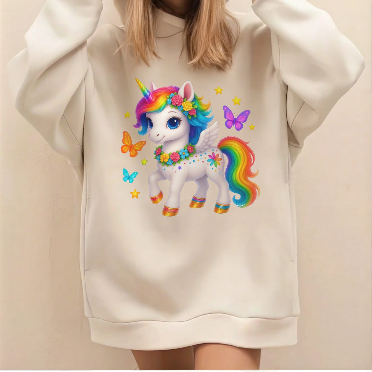 DTF Heat Transfer Iron On Sticker,Rainbow Unicorn with Wings, Flowers, and Stars Design for DIY Shirt, Fantasy Lover Gift, Magical Aesthetic Apparel Decoration
