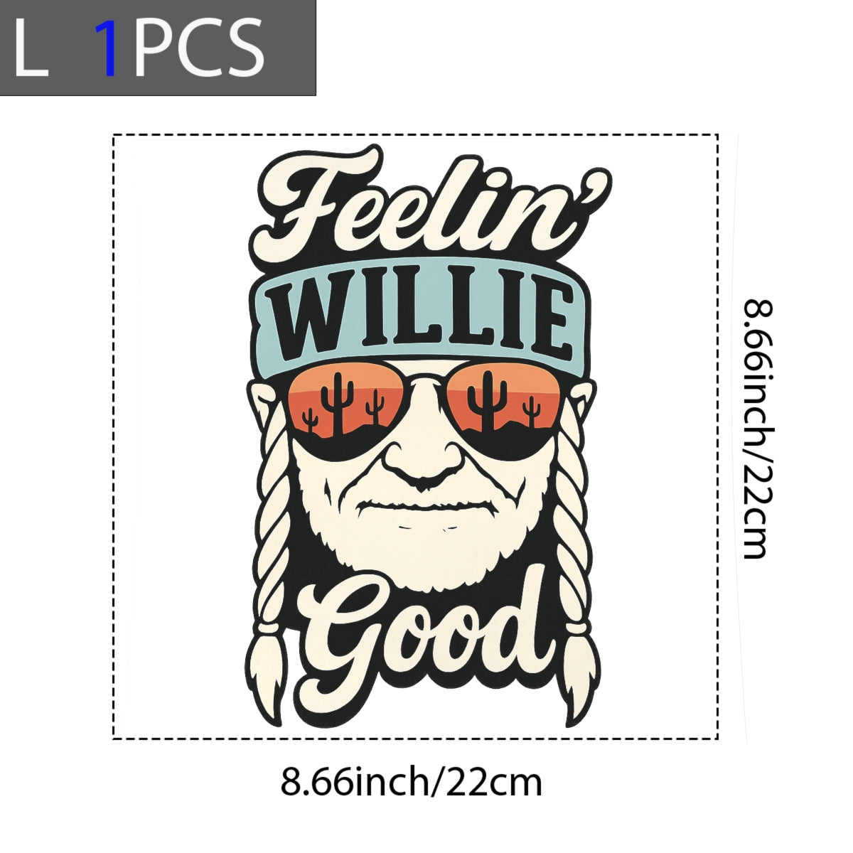 DTF Heat Transfer Iron On Sticker,Willie Nelson Portrait with Desert Sunset Cactus Reflection & "Feelin' Good" Country Lyrics,Vintage Western Music Merch for T-Shirts, Hoodies, Tote Bags