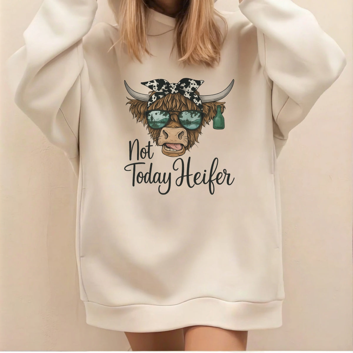 DTF Heat Transfer Iron On Sticker , Highland Cow with Green Sunglasses and Bandana , "Not Today Heifer" Western Style Decal for Clothing, Tote Bags