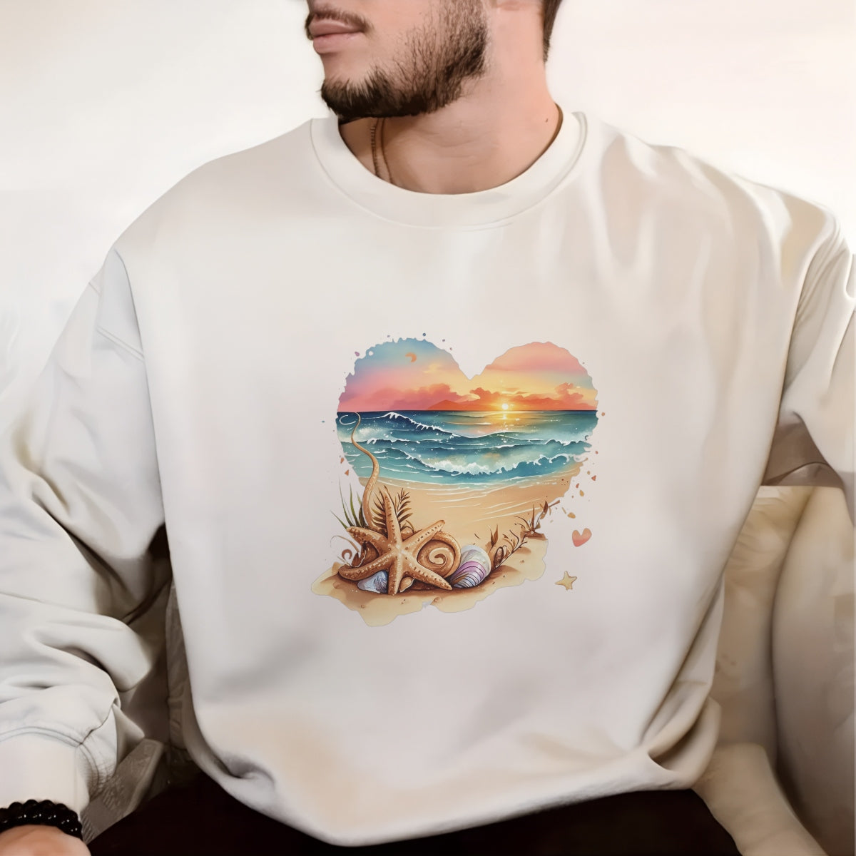 Sunset Beach Heart DTF Transfer,Cute Ocean Summer Iron On Patch for T-Shirts, Tote Bags, DIY Heat Press Decals, Aesthetic Watercolor Surf Art, Pastel Coastal Vinyl Design