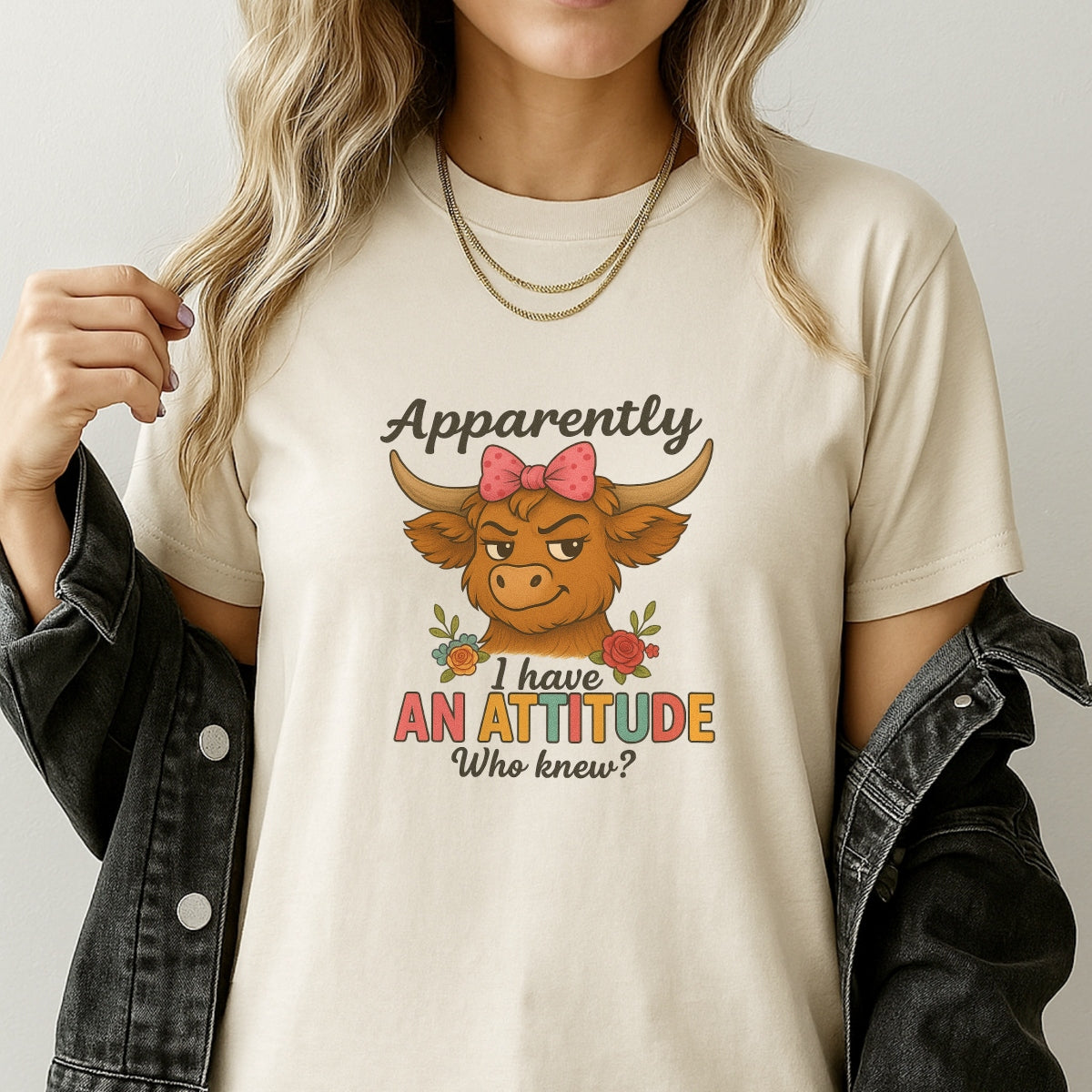 DTF Funny Highland Cow Iron-On Transfer “Apparently I Have an Attitude” Heat Press Decal, Sassy Cow with Bow, Full-Color DTF Print for DIY T-Shirts, Bags